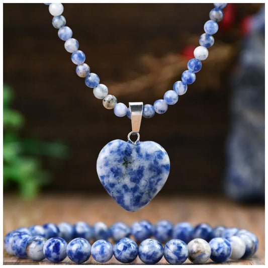 Natural blue dot jasper beaded - Necklace/Earring set - Silver - 17"