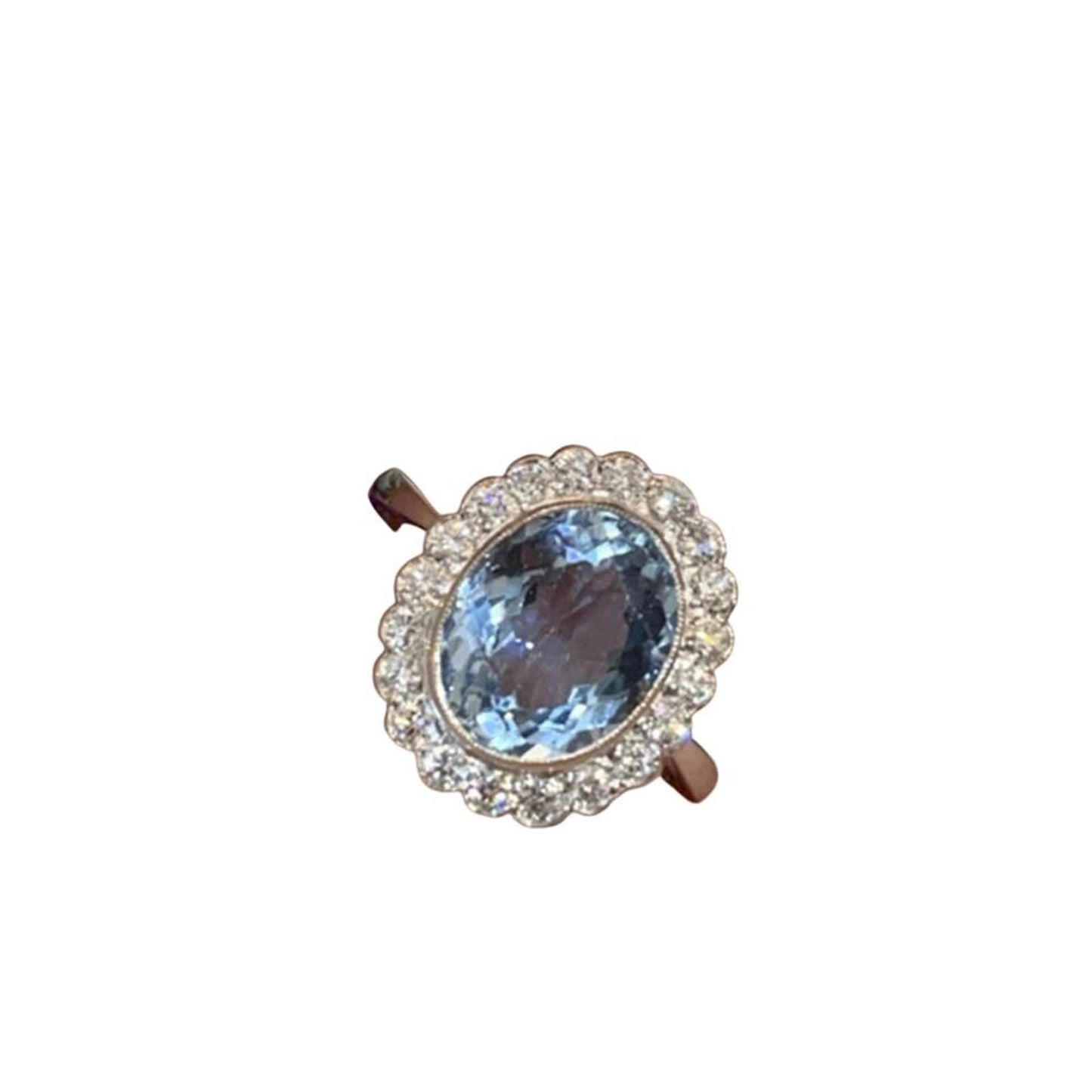 Blue oval ring - gold - CZs - Size 10.