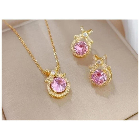 Pink round jewelry Set - 18K gold plated - CZs - Necklace and Earrings.