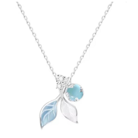 Blue and white leaf necklace - silver - CZs - 16-18"