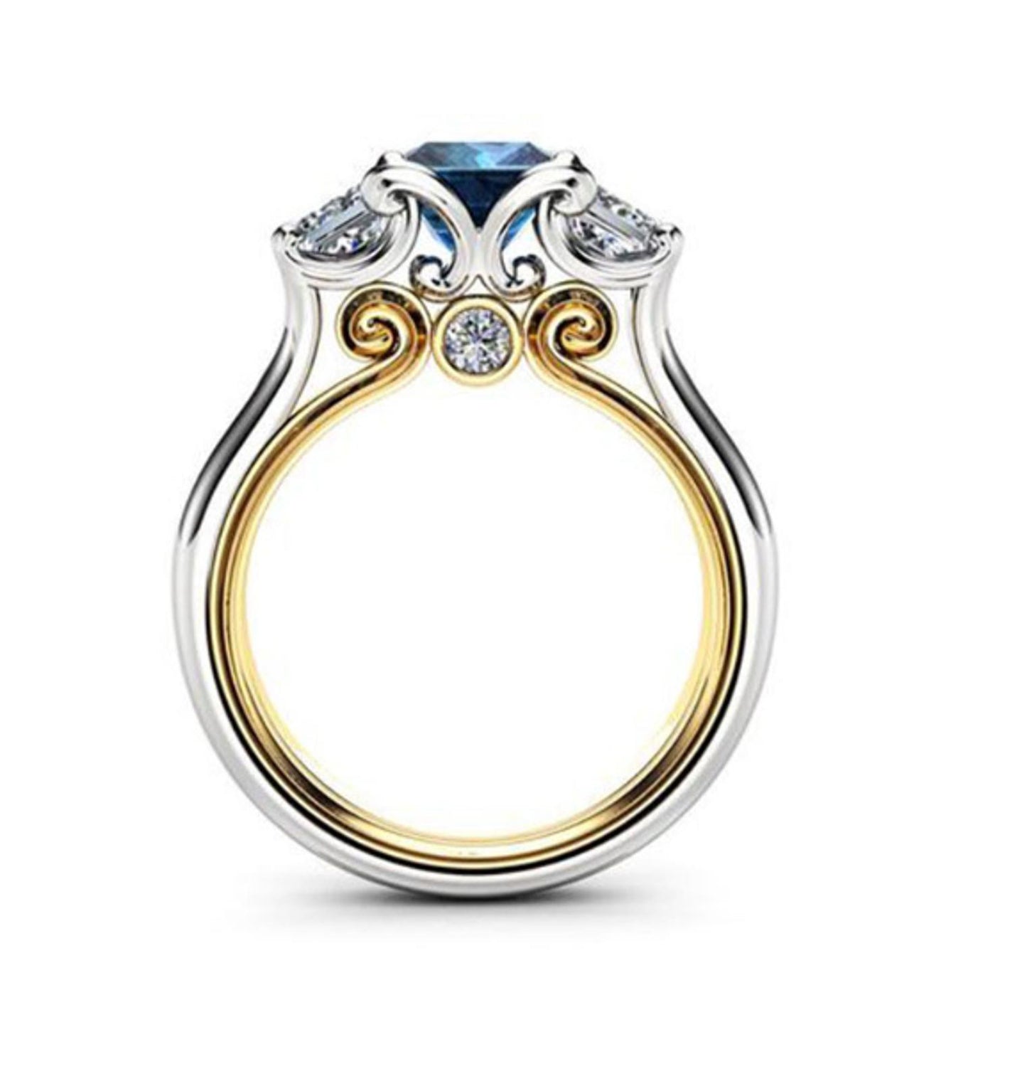 Blue and white three stone Ring - Silver - CZs - Size 6