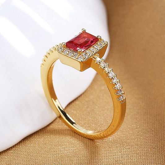 Red square halo RING - Gold - CZs - size 7