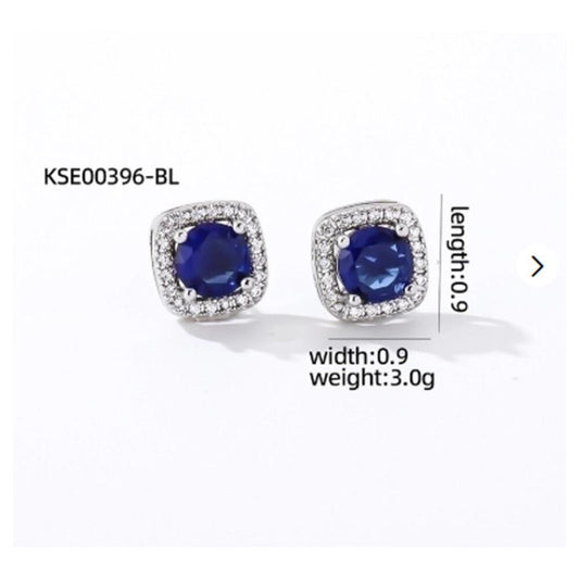 Blue Square thin halo Studs - silver - CZs - .9cm
