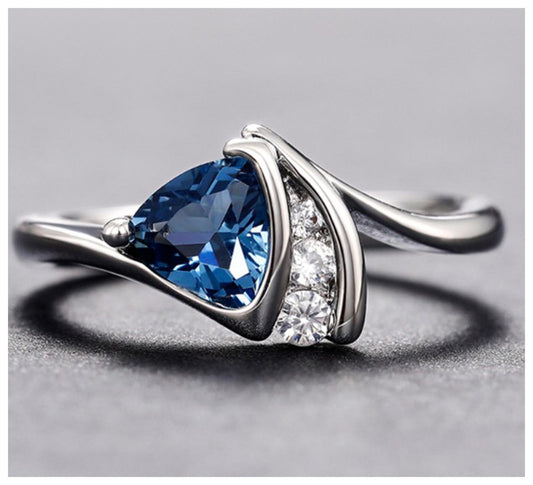 Blue triangle Ring - Silver - CZs - Size 8