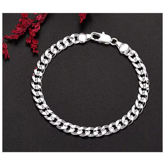 Flat Curb Chain Bracelet  - silver - 7mm, 8".