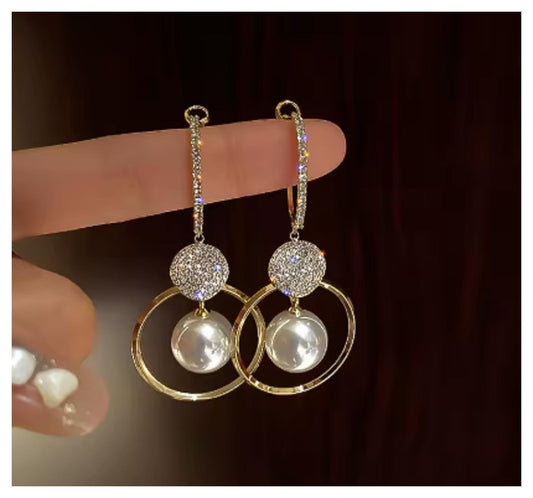 Pearl and bling - Color - Earrings - Gold - CZs - 2"
