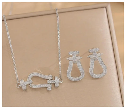 Horseshoe buckle - Necklace/Earring set - Silver - CZs - 18"