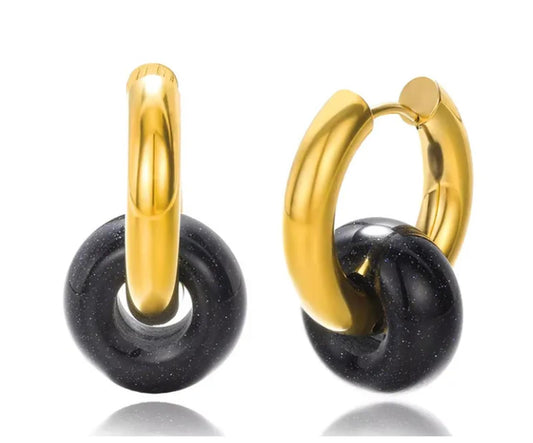 Natural black obsidian - Earrings - Gold - 26mm