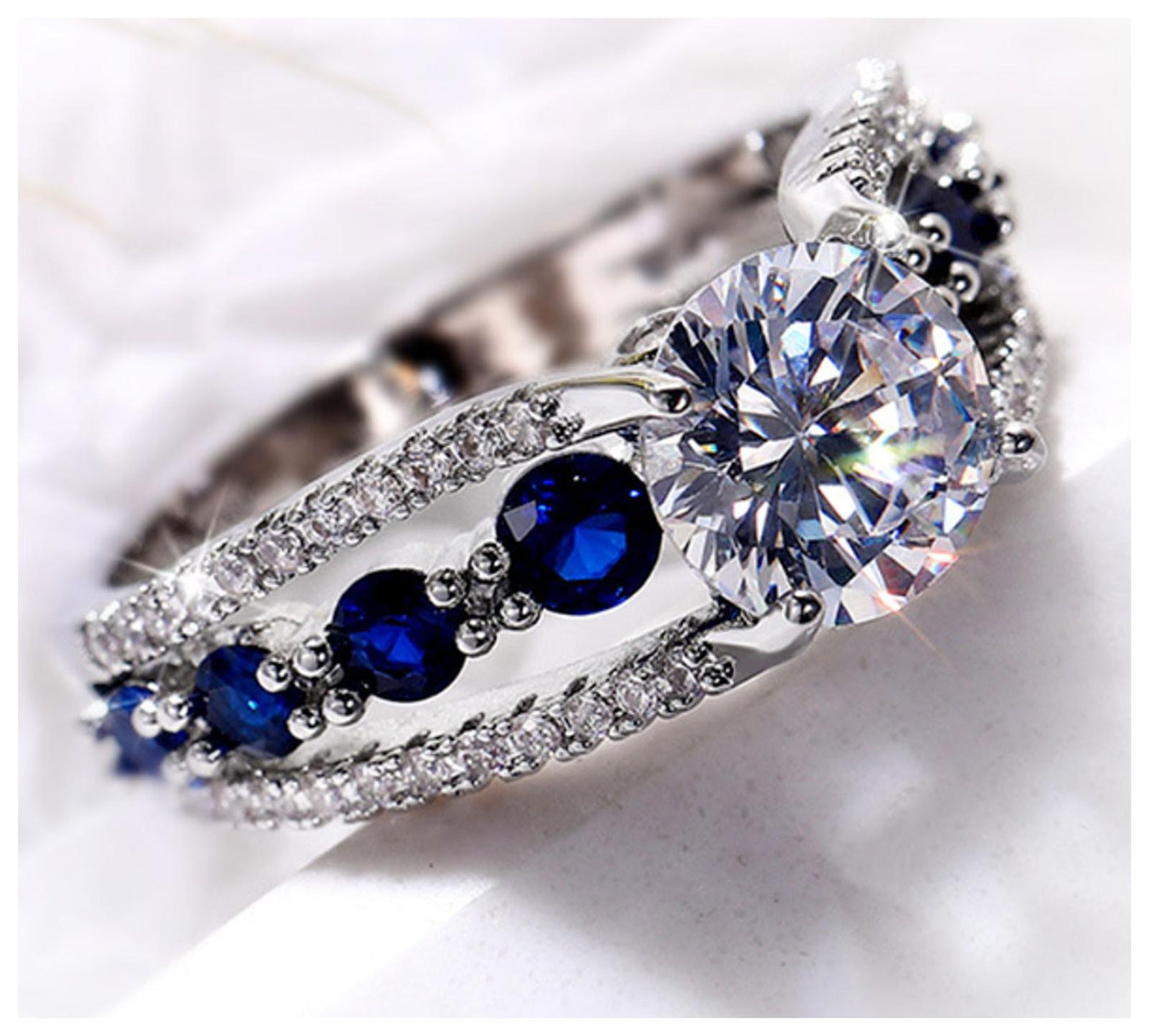 Blue open band round engagement Ring - Silver - CZs - Size 7