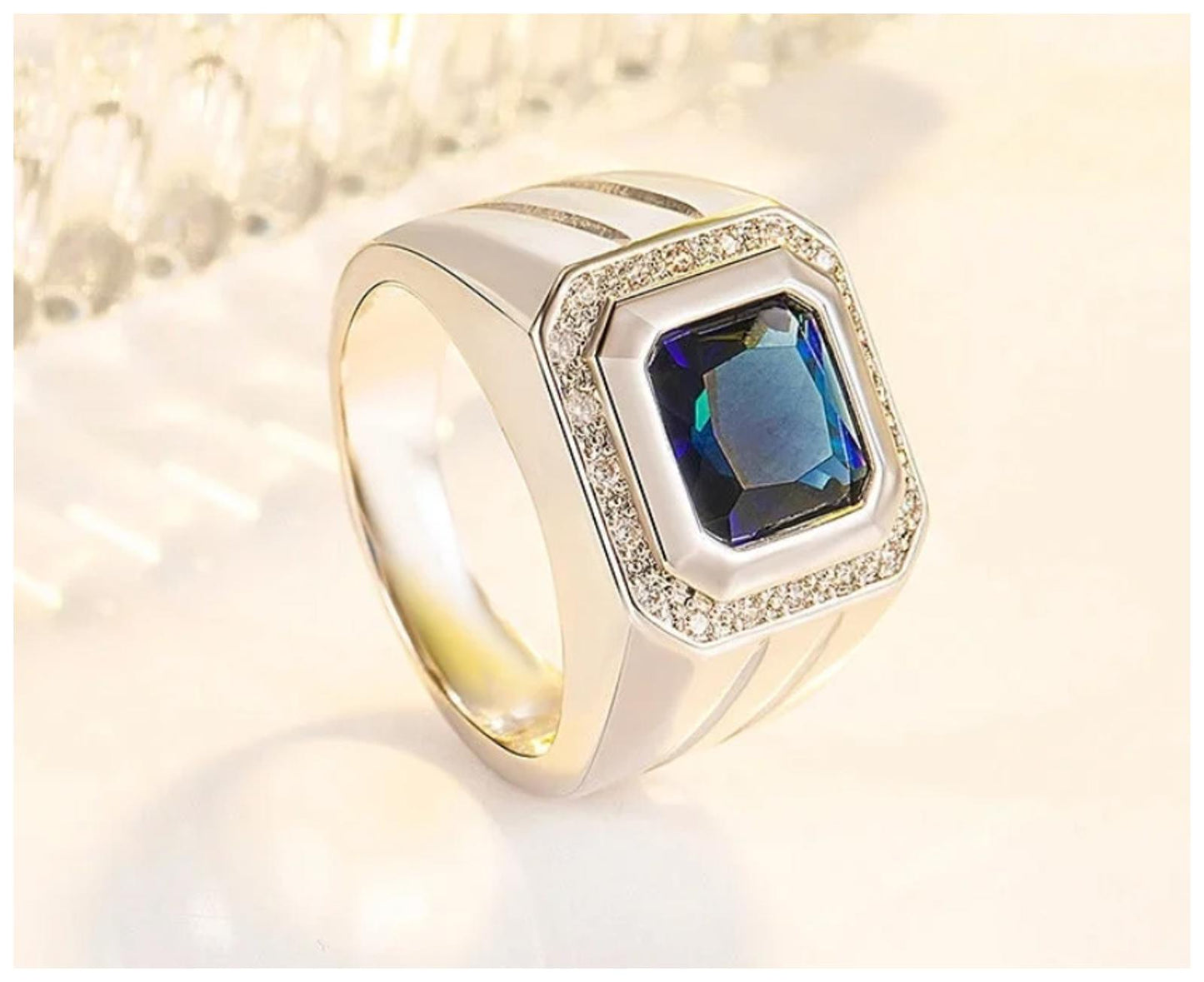 Blue square halo - Ring - Silver - CZs - Size 9