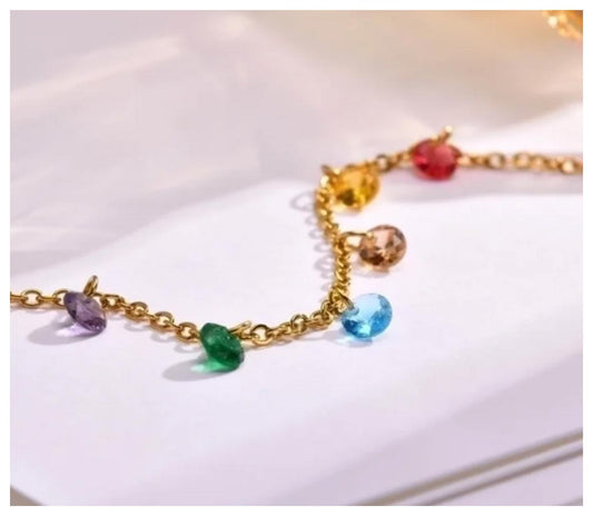 Multicolor stone dangle - Bracelet - Gold - CZs - 6.5-8"