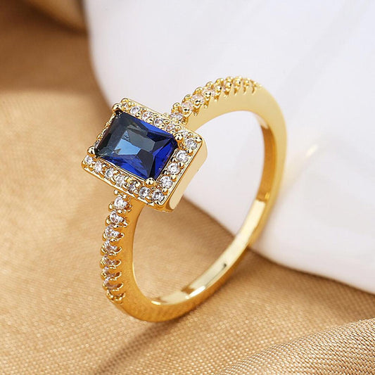 Blue square halo RING - Gold - CZs - size 6