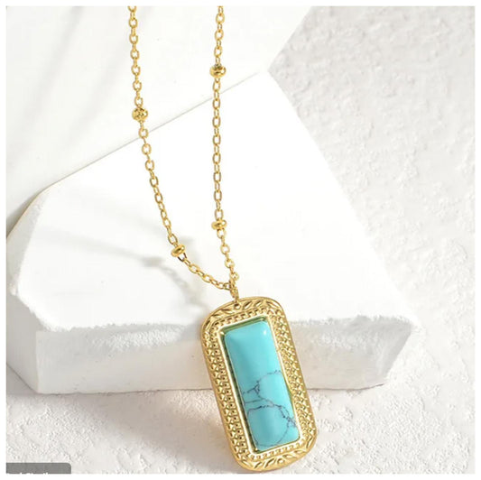 Natural turquoise rectangle pendant - Necklace - Gold - 18"