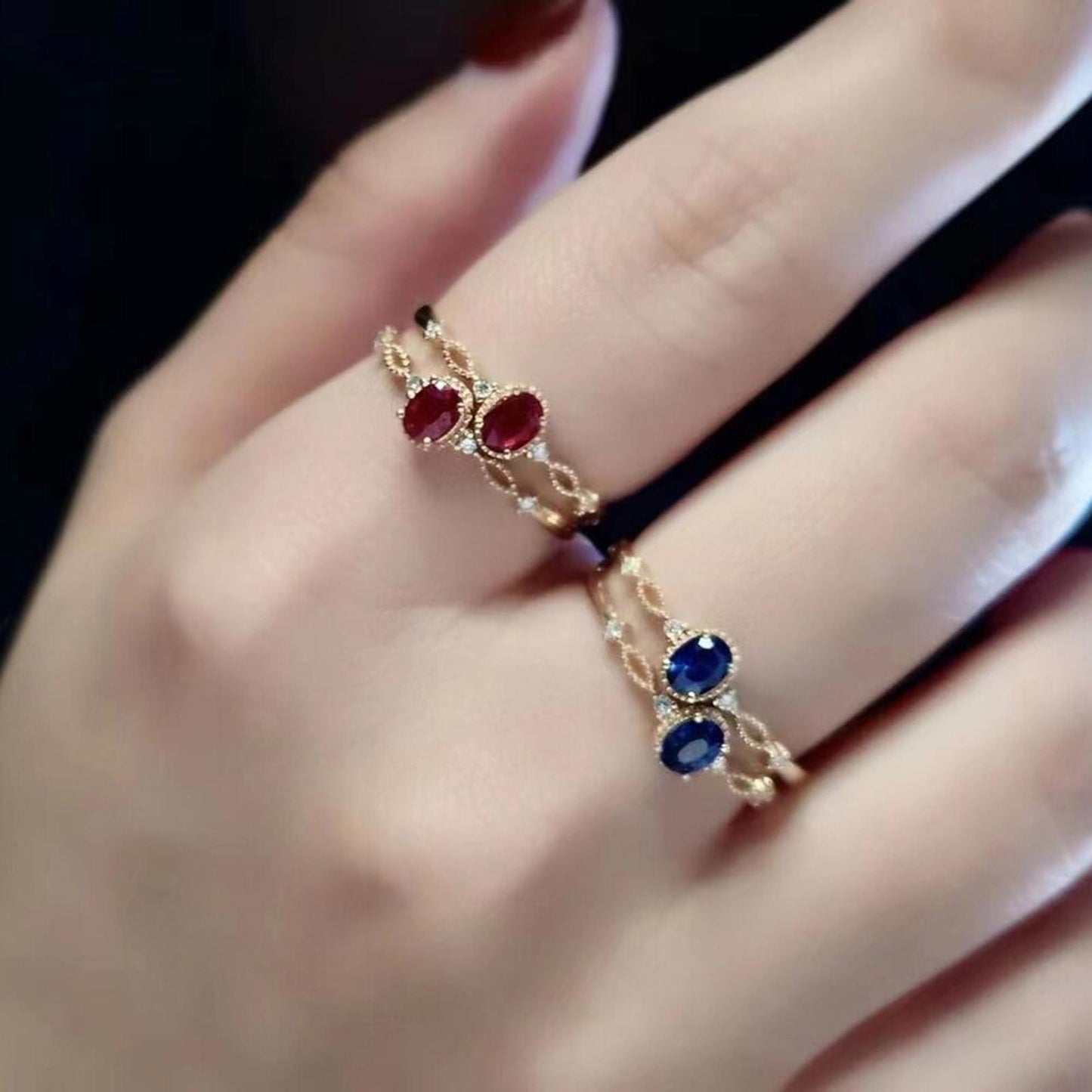 Blue oval vintage style RING - Gold - CZs - size 7