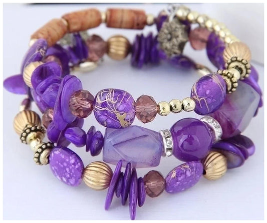 Purple beaded wrap bangle - Bracelet - Gold - CZs