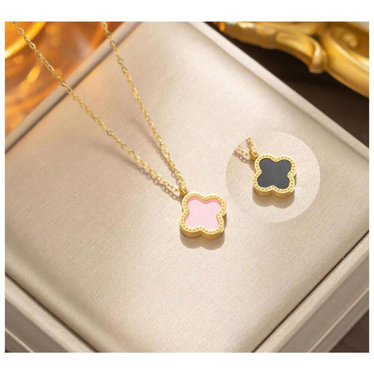 Pink & black reversible clover pendant necklace - 18K gold plated - enamel - 18"