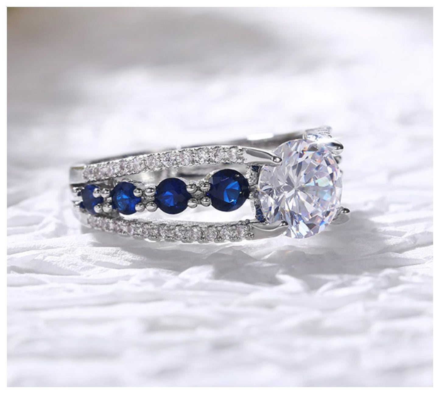 Blue open band round engagement Ring - Silver - CZs - Size 7