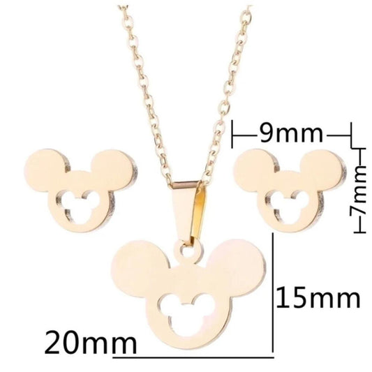 Mouse Set - Gold - 16-18" Necklace & Earrings