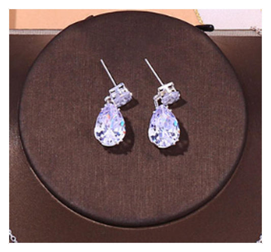 Pear Shaped Drop Earrings - Silver - CZs - 1.5"