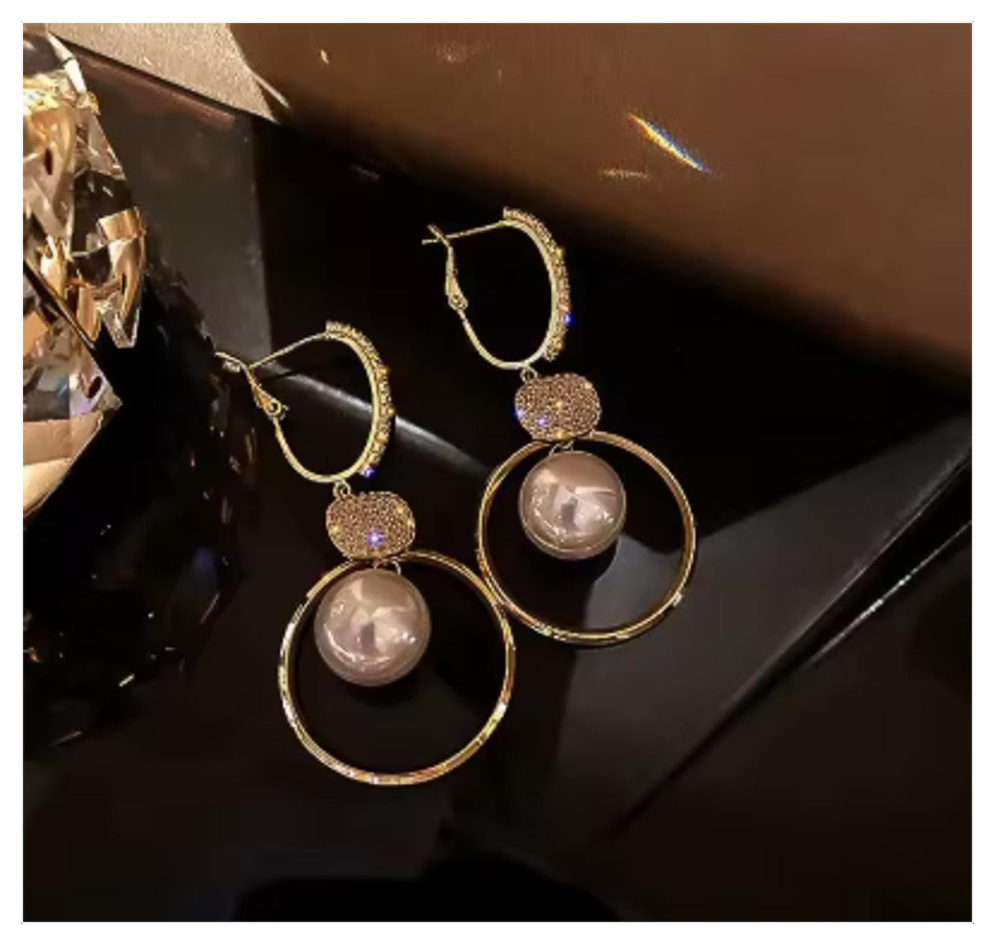Pearl and bling - Color - Earrings - Gold - CZs - 2"