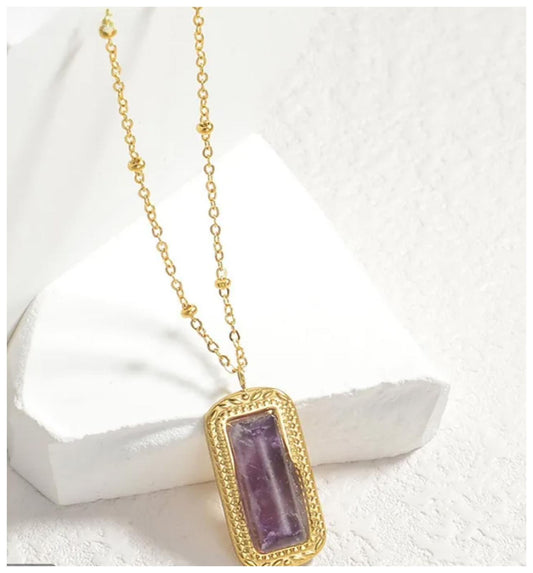 Natural amethyst rectangle pendant - Necklace - Gold - 18"