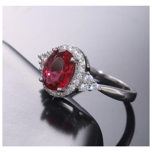 Red Oval ring - silver - CZs- Size 6.