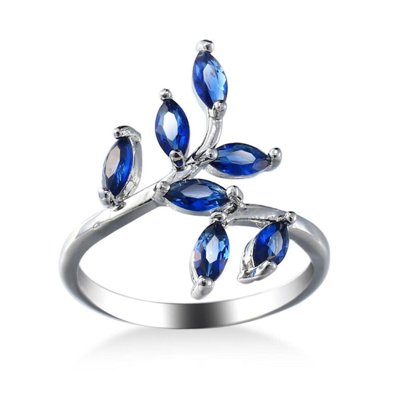 Blue leaf bypass RING - Silver - CZs - size 9