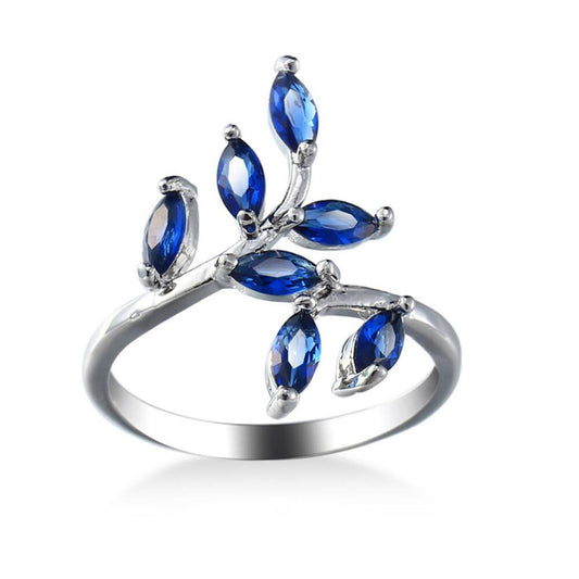 Blue leaf bypass RING - Silver - CZs - size 9