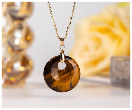 Natural tiger's eye round pendant - Necklace - Gold - 18"