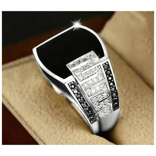 Black ring - silver - Enamel and CZs - size 10.