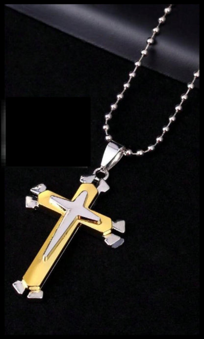 Double layer two tone 2" cross - Necklace - Stainless Steel - 24"